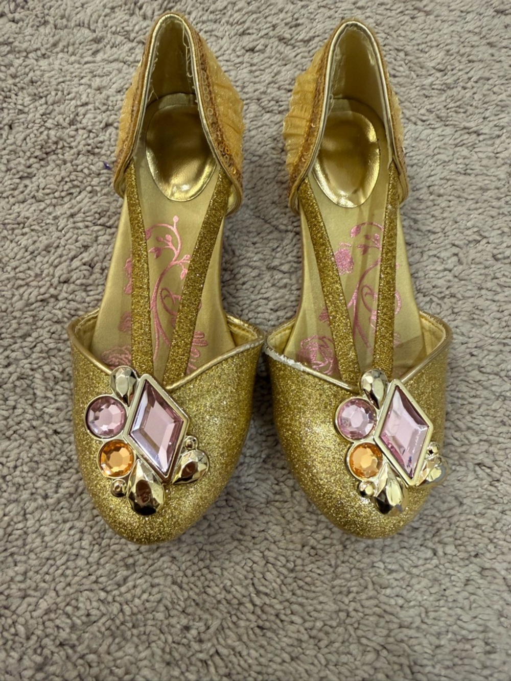 Disney Belle Gold Glitter Jeweled Dress Up shoes with Pink and Amber Gems